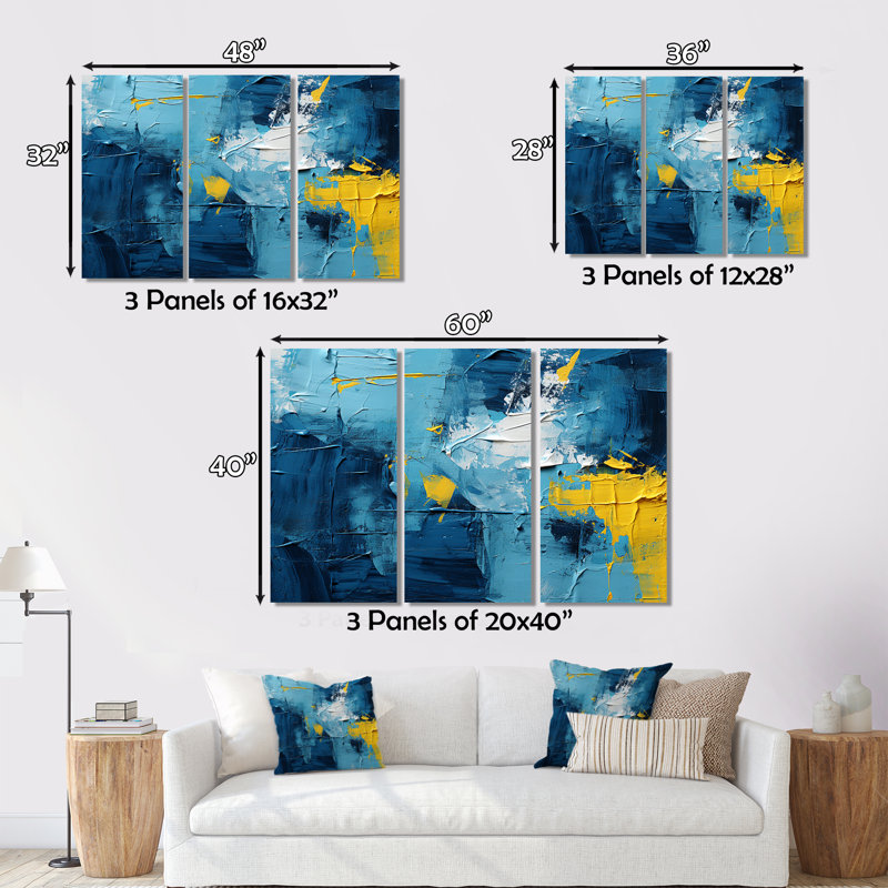 "Bliss Of Happiness" en jaune et bleu II sur toile, 3 pièces, H 40 po x l 60 po x P 1 po