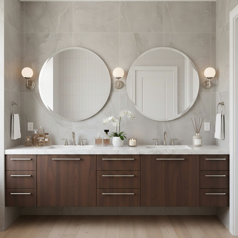 Modern Frameless Round Bathroom Mirror 24 Inch, Beveled Edge Circle Vanity Mirror for Wall Decor, Elegant Bathroom, Living Room & Entryway