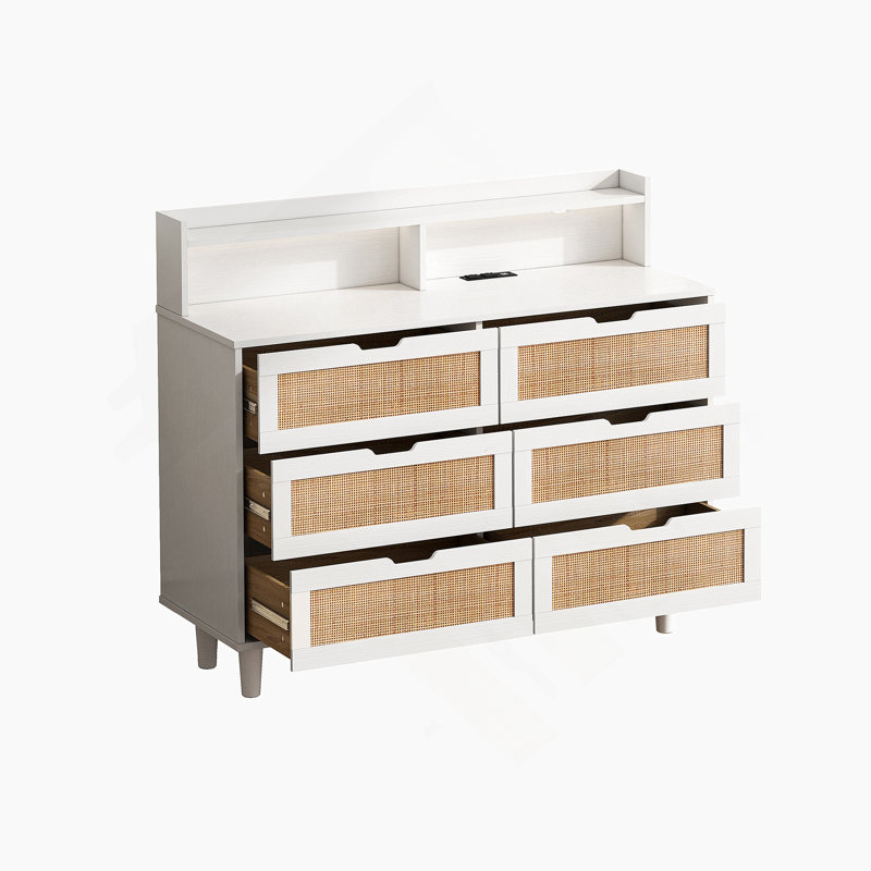 6-Drawers Rattan Storage Cabinet Rattan Drawer With LED Lights And Power Outlet,For Bedroom,Living Room, White