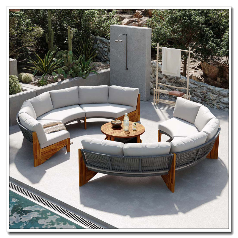 Ensemble de canapé d'extérieur en demi-cercle 3 pièces avec table basse en bois d'acacia, Gris