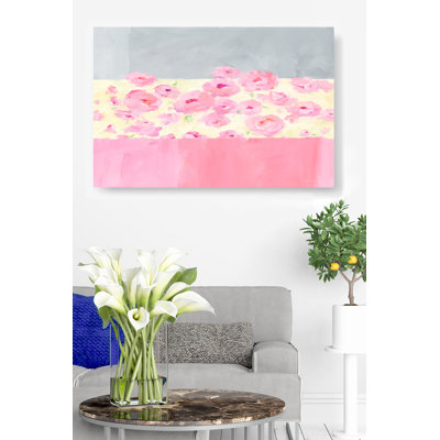 Fleurs sur fond rayé, abstrait, rose, jaune, gris, floral, aérien, doux