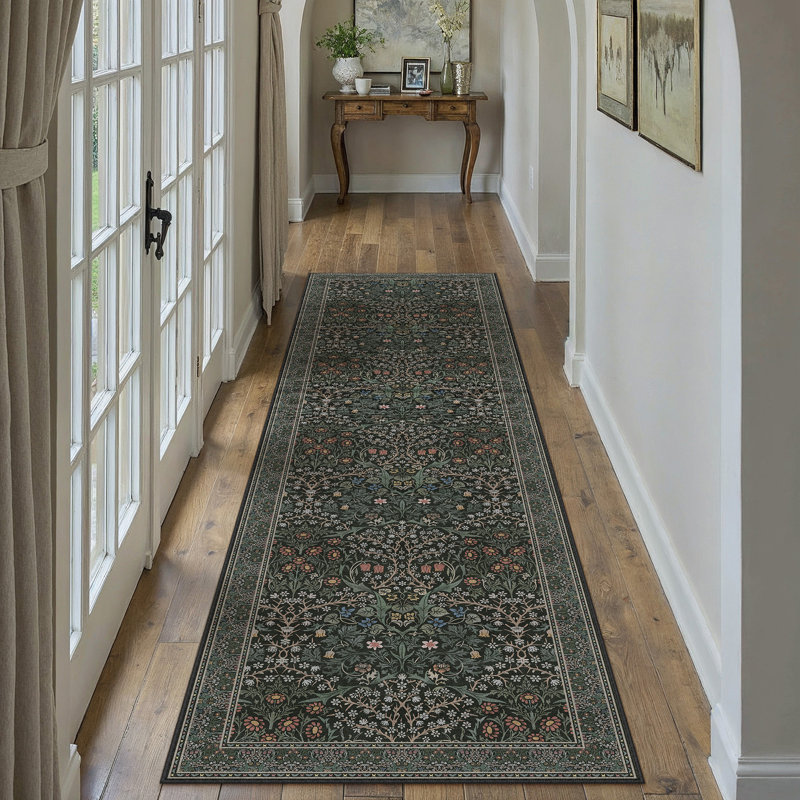 Alora Machine Washable Floral Area Rug With Non-Slip Backing, Runner 2' x 8', Dark Green, 0.28"