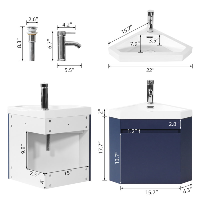 22" Wall-Mounted Corner Bathroom Vanity with Sink & Faucet, Blue