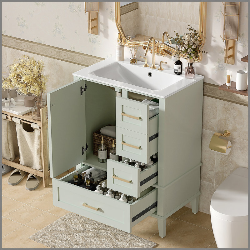 Meuble-lavabo autoportant moderne de 24,8 po avec lavabo en céramique, porte à fermeture en douceur et plusieurs tiroirs pour un rangement efficace