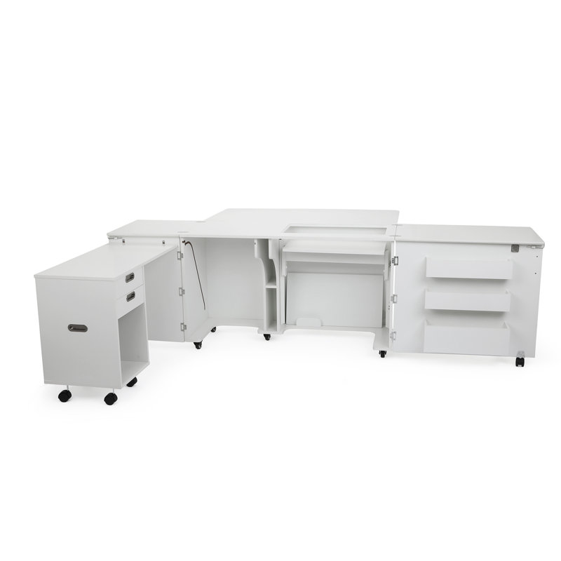 White Ash Hydraulic Lift Sewing Cabinet with Rolling Caddy
