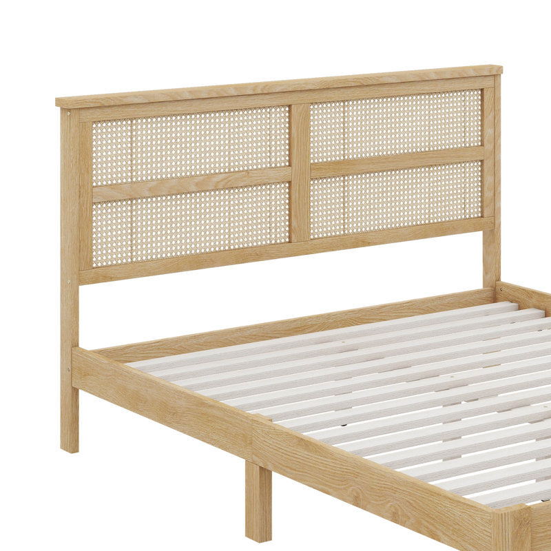 Grand lit avec tête de lit en rotin, Chêne blanc