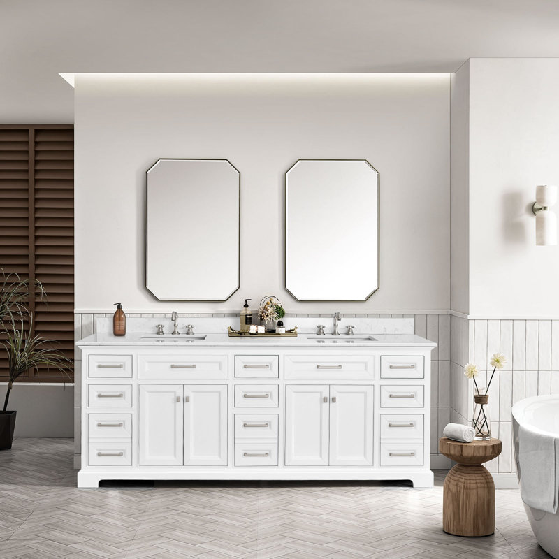Angela 84” Double Bathroom Vanity With White Engineered Marble Stone Rectangular Sink