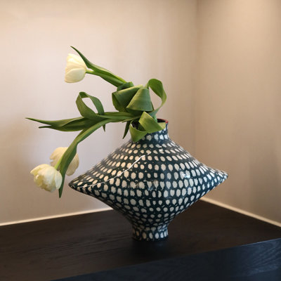 Abstract Grid Pattern Hand Painted Ceramic Accent Vase