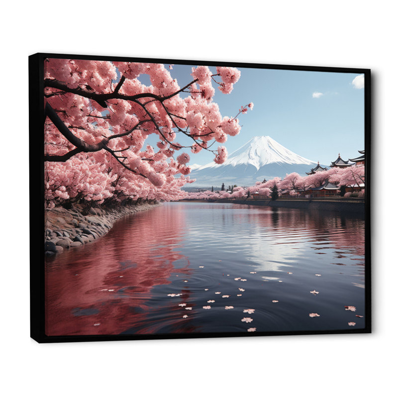 Japon Art Pink Mount Fuji V - Japan Art Canvas Prints, H 16 po x l 32 po x P 1 po, Cadre flottant noir