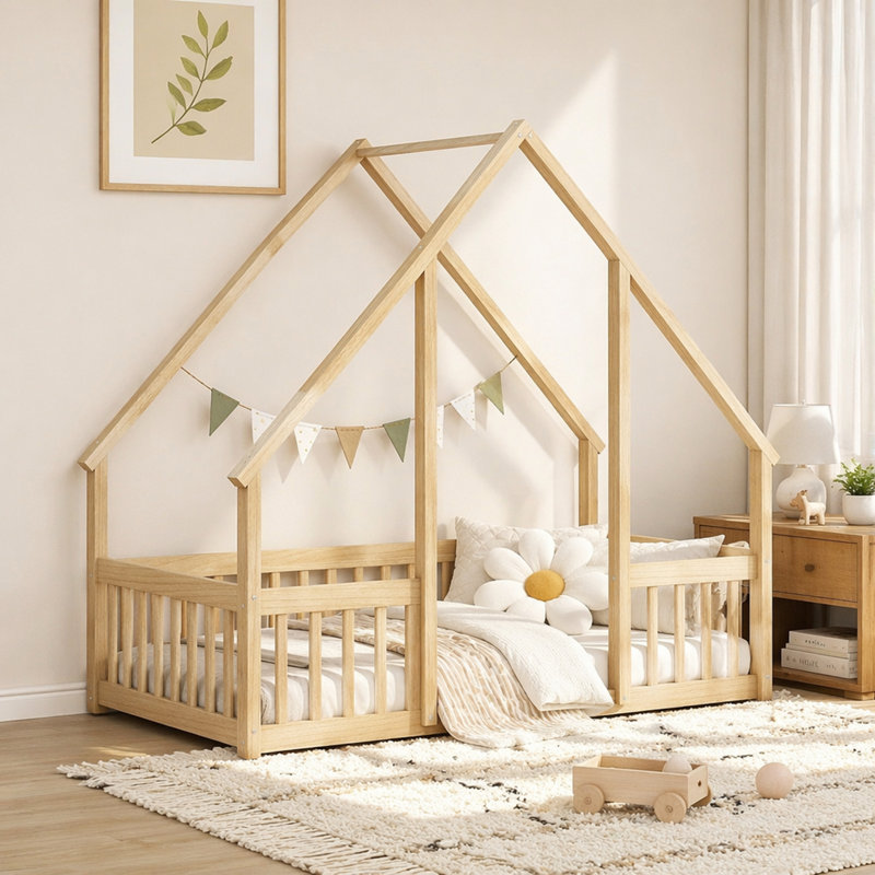 Lit simple en bois en forme de maison avec clôture, garde-corps