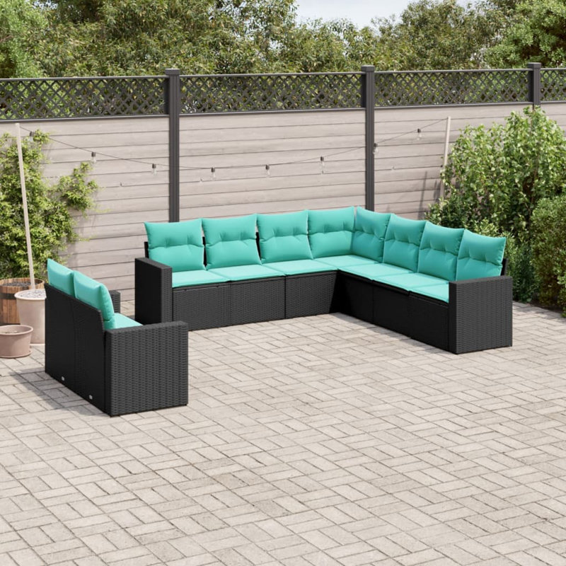  Ensemble de canapé de patio 9 pièces avec coussins en rotin de polyester noir