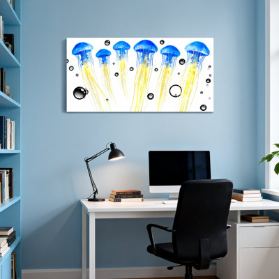 Nautical  Beach Blue Jellyfish With Yellow Tails And Bubbles