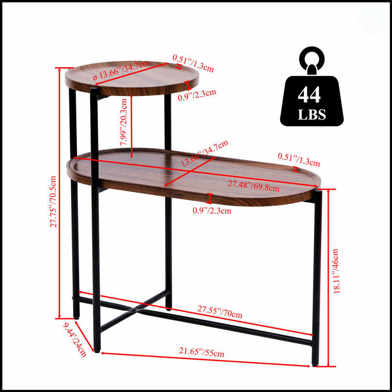 Petite table d'appoint moderne à 2 niveaux en noyer brun avec tablette de rangement en bois pour le salon et la table de chevet