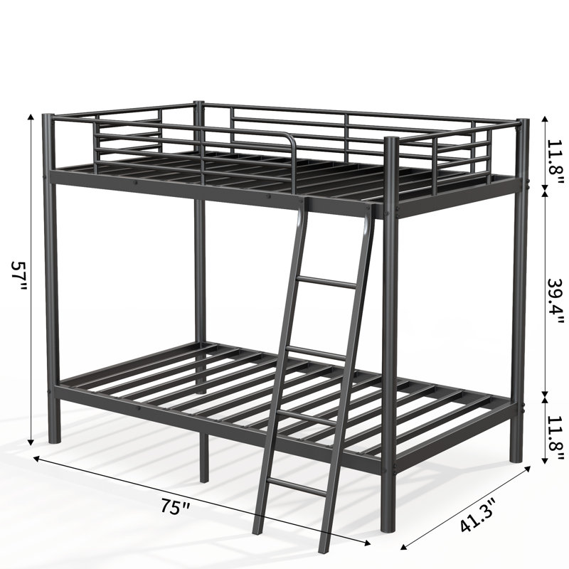 Twin Over Twin Heavy Duty Metal Bunk Bed Frame with Guardrail & Ladder, Noise-Free Platform Bed, No Box Spring Needed, Space-Saving Bed for Kids Teens Adults, Black