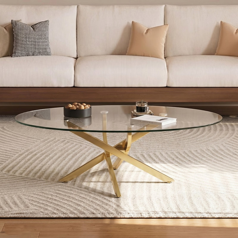 Table basse avec plateau en verre trempé et pieds dorés, moderne et durable pour les salons, Transparent / Doré