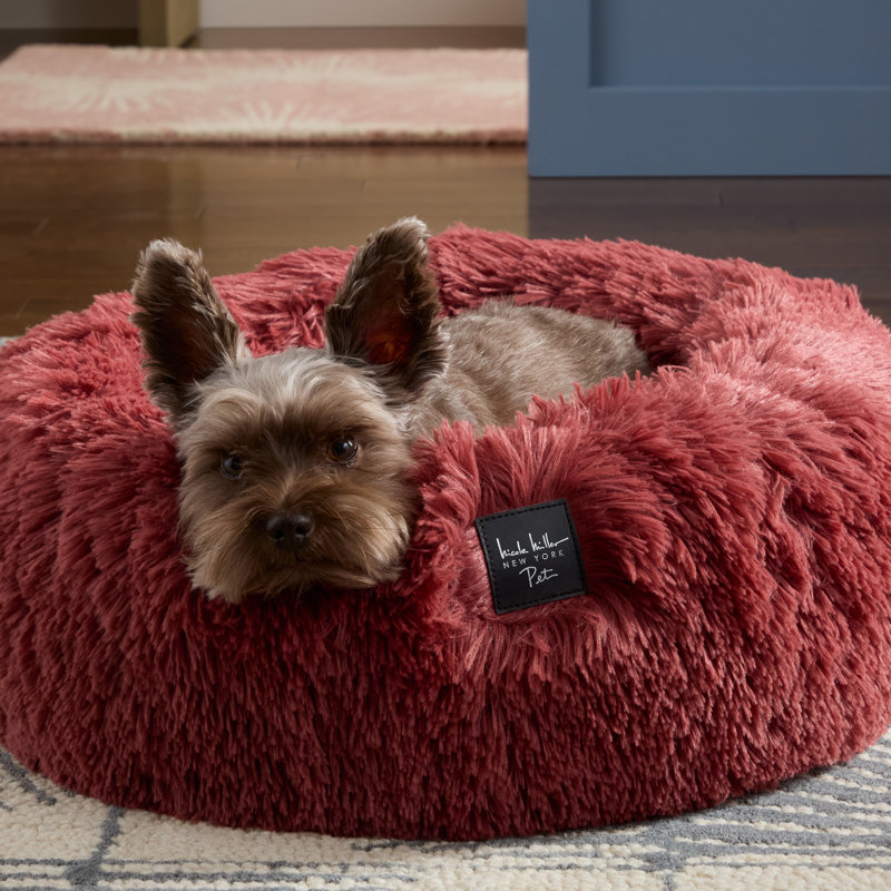 Rose Pink Fuzzy Faux Fur Donut Pet Bed for Medium Dogs