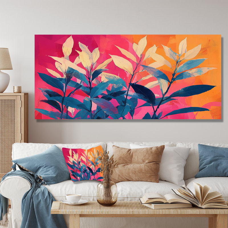 Jungle électrique en couleurs néon Pop Art I - plantes, art mural, H 28 po x l 60 po, Wrapped Canvas
