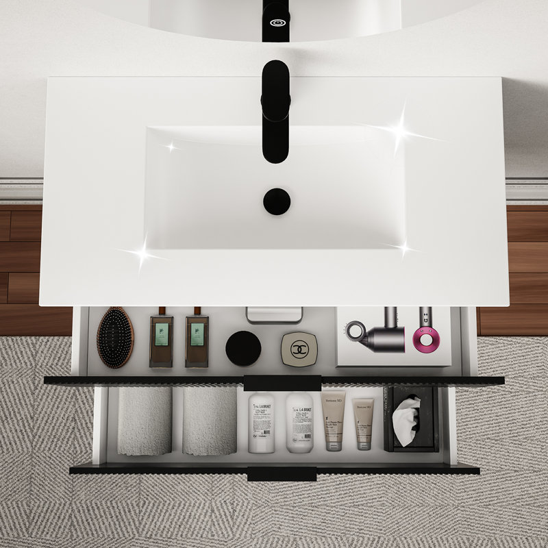 Bathroom Vanity Cabinet with Sink Black Wall Mounted Bathroom Vanities with Ceramic Sink Floating Fluted Sink Vanity with Drawers,Modern