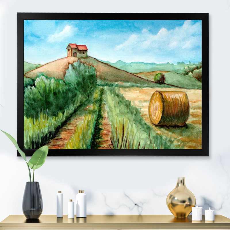 Paysage de récolte champêtre - Peinture sur toile, H 16 po x l 32 po, Cadre noir