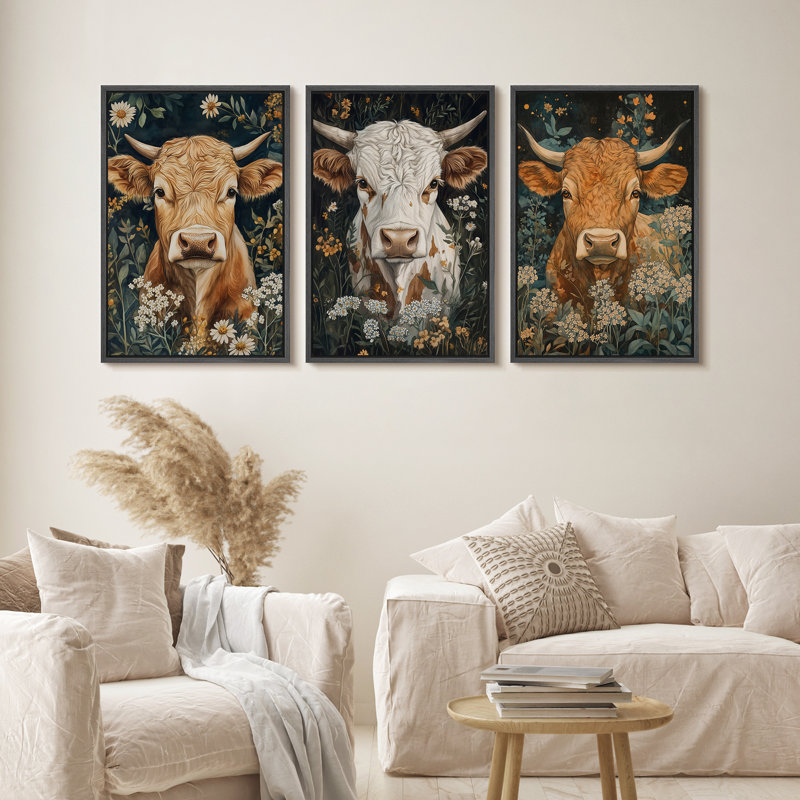 «Rustic Cow Portrait», art mural sur toile, ensemble de 3 animaux de la campagne, H 36 po x l 72 po, Noir