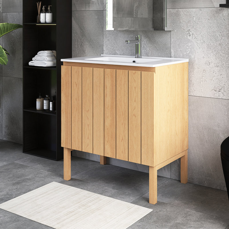 Meuble-lavabo simple autoportant 30 po en chêne avec plateau en céramique blanche