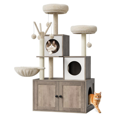 Cat Tree with Hidden Litter Box Enclosure Furniture All-in-One Modern Indoor Cat Tower with Sisal Scratching Post & Soft Plush Perch Wooden Litter Box Cabinet