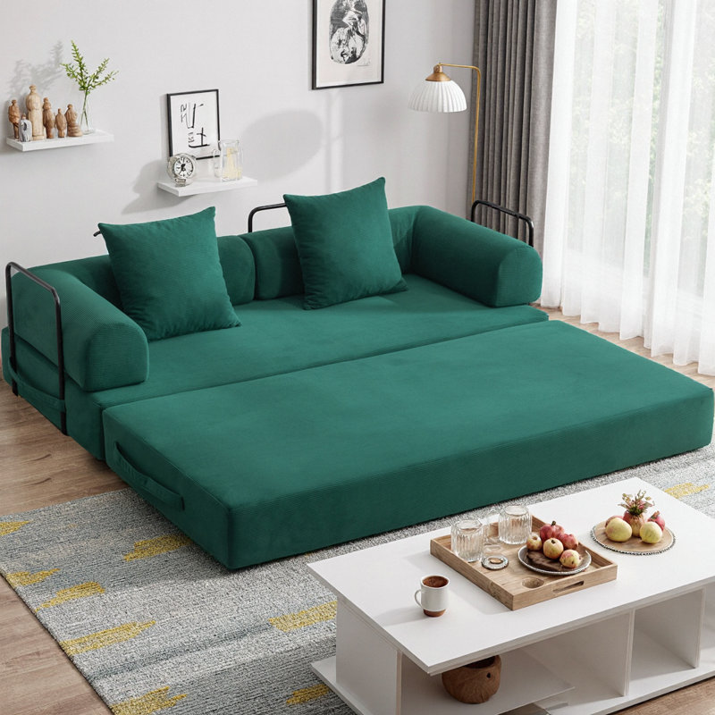 Canapé-lit modulaire pliable compressé avec structure en métal, canapé convertible 2 places en velours côtelé avec pochette de rangement pour les petits espaces, les appartements et les dortoirs