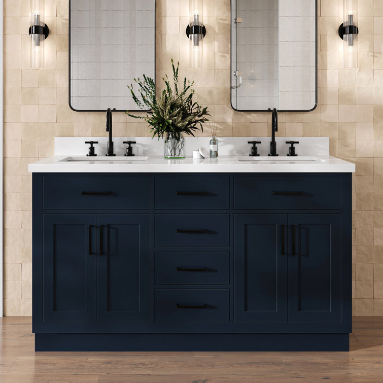 Tidworth 60'' Solid Wood Double Bathroom Vanity with 1.5'' White Quartz Top, Rectangular Sinks