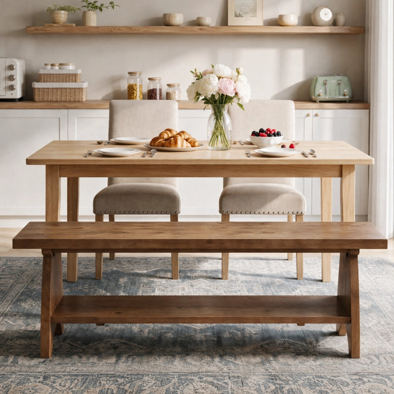 Banc de salle à manger en bois massif de 55,1 pouces avec tablette de rangement pour la salle à manger de cuisine