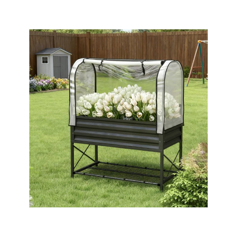 Metal Elevated Planter Box,Raised Garden Bed With Legs And Cover,With Bottom Shelf And Liner For Vegetables