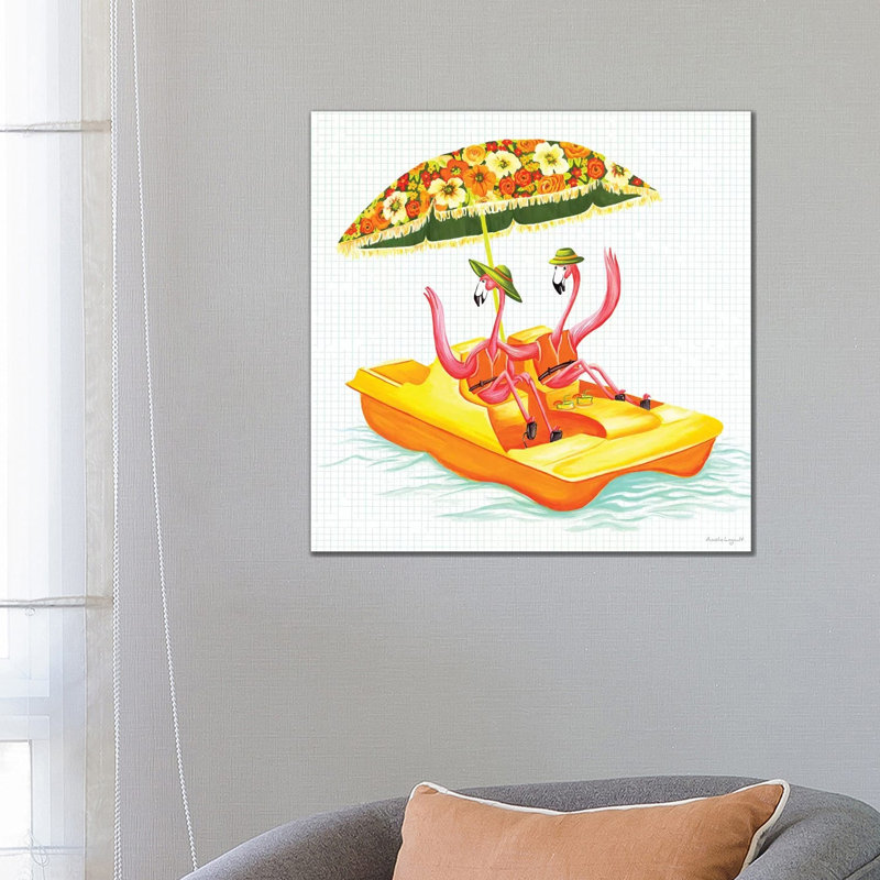 Flamingos Pedal Boat by Amélie Legault - Painting on Canvas, Wrapped Canvas, 66.04cm H x 66.04cm W x 3.81cm D