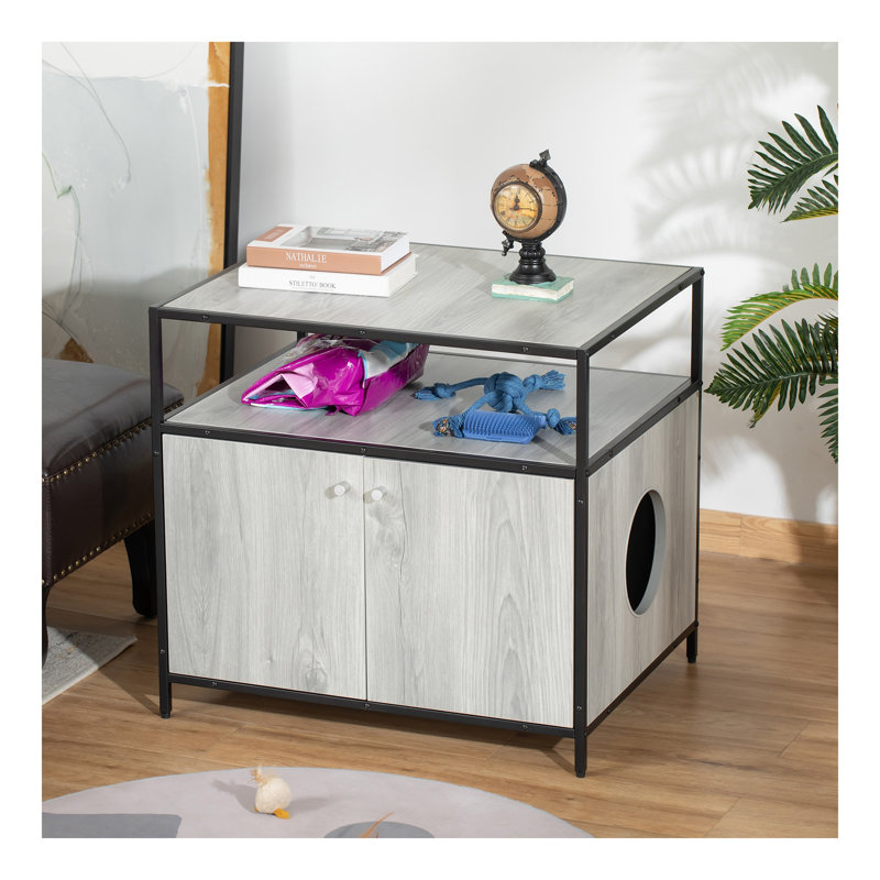 Enceinte de litière en bois pour chat, salle de bain pour chaton caché, table de bout intérieure avec portes magnétiques et tablettes de rangement, gris