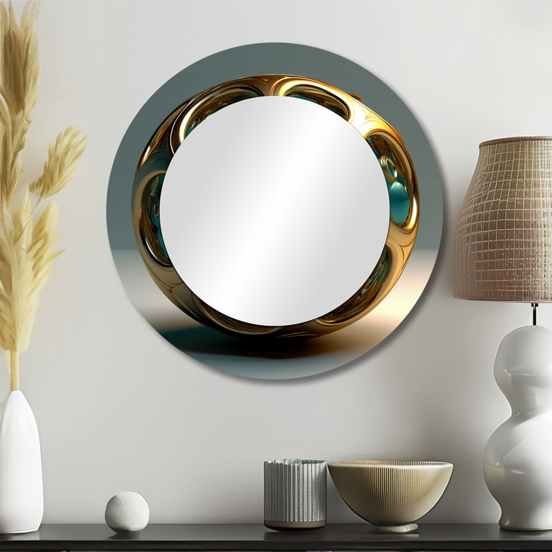 Confronting Infinity 3D Turquoise Gold Sphere II - grand miroir mural fractal, miroir décoratif rond moderne, impression d'art en métal