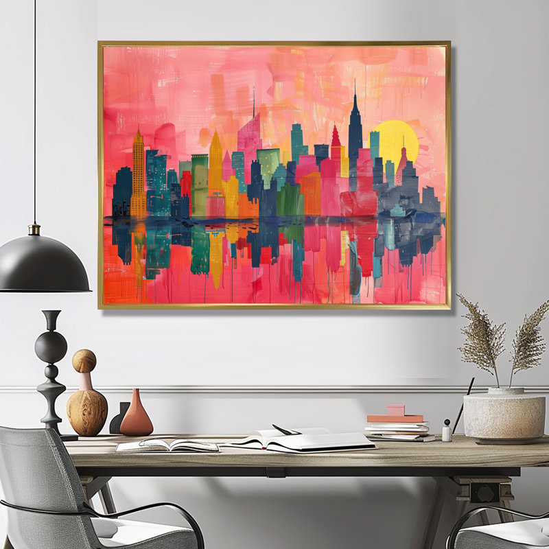 Rose rose gratte-ciel de New York - décoration murale New York, Cadre flottant doré, 16" H x 32" W