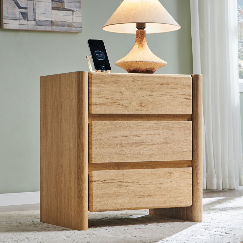 Bolanos 25" Tall Modern End Table with Charging Station & 3 Storage Drawers , Wood Side Table w/Rounded Corner Design for Bedroom