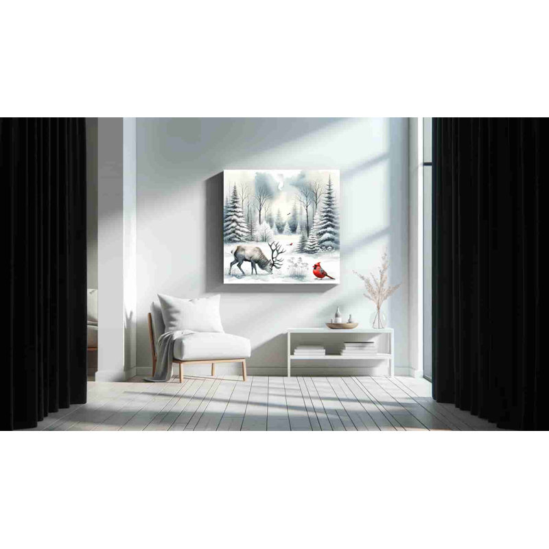 «Winter's Grace: Majestic Deer and Cardinal in Snow», reproduction sur toile tendue, H 40 po x l 40 po x P 1,5 po