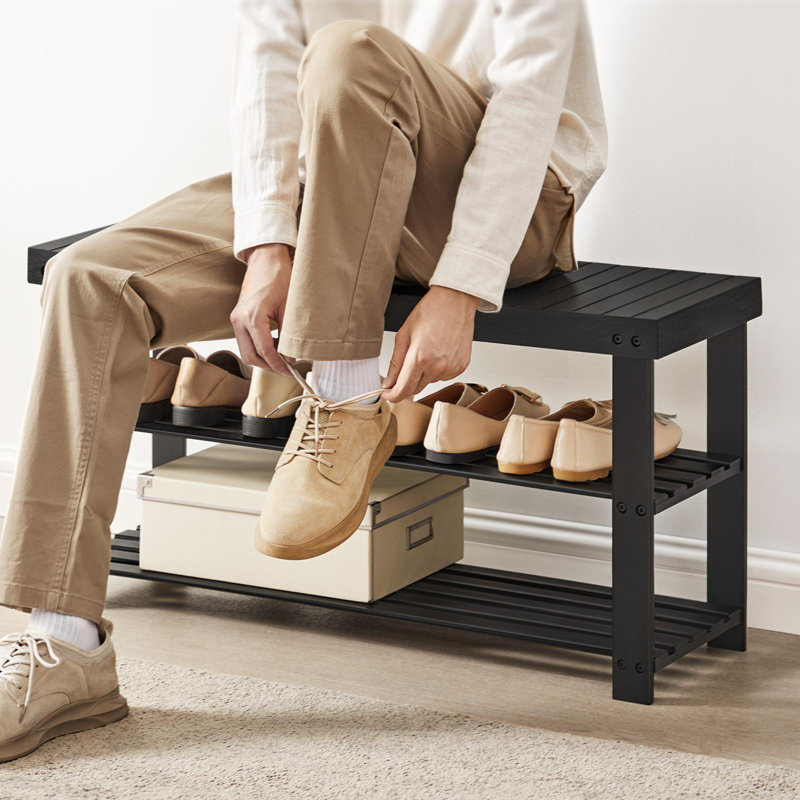 8 Pair Shoe Storage Bench, 3-Tier Bamboo Shoe Rack Bench, Ink Black