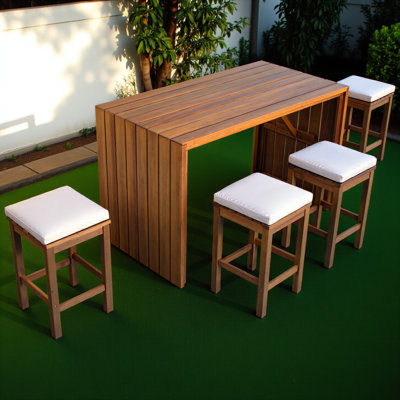 5 Piece Outdoor Bar Set, Patio Acacia Wood Bar Height Table & Four Stools With Cushions, Wood Dining Bar Set For Backyard, Poolside, Balcony, Beige Cushion And Natural Wood