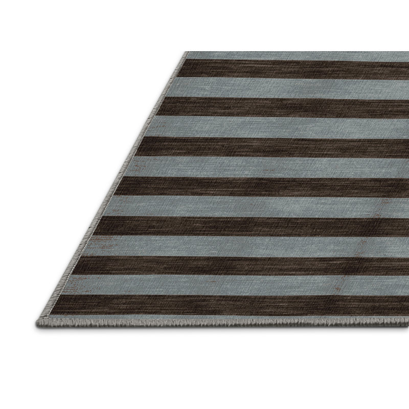 Tapis gris à rayures horizontales lavable à la machine, Rectangle 7 pi x 9 pi