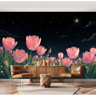 Wall Mural Peel and Stick Pink Tulip Field Starry Night Sky Crescent Moon Under Large Wallpaper Self-Adhesive Removable Contact Paper Wall Decor for Living Room Bedroom Nursery 69"H x 96"W
