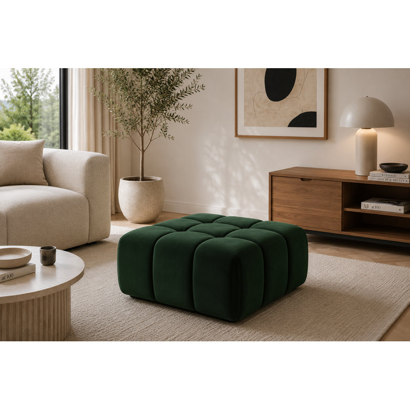 Sofia Luxe Silver Velvet Ottoman – Sculptural Modern Footstool for Modular Seating, Dark Green