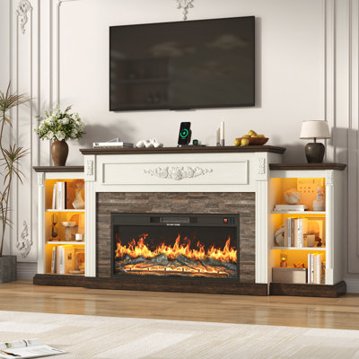 85 Inch Farmhouse TV Stand with 36 Inch Electric Fireplace, Faux Stone Mantel, APP & Remote Control LED Lights, Built-in Power Strip, Adjustable Storage Console, Entertainment Centre for TVs Up to 95 Inches