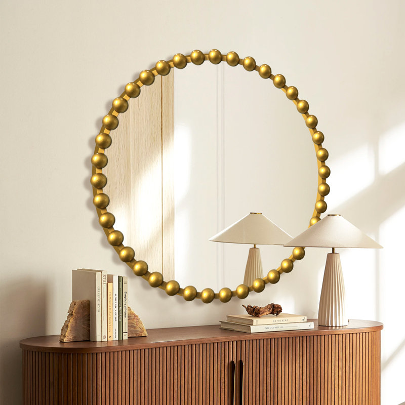 Miroir mural perlé à cadre métallique, miroir d'appoint circulaire en or., Doré, 27 po x 27 po