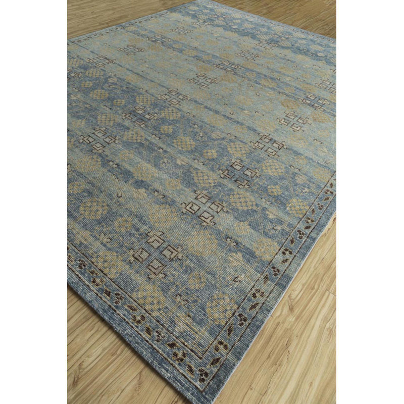 Transitional, Vintage Hand Knotted Wool Geometric Area Rug in Blue