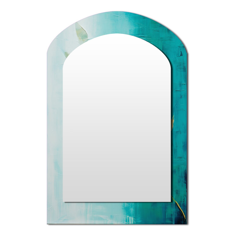 «Turquoise Abstract Leaf Harmony - Leaves Arch», miroir mural décoratif asymétrique turquoise, impression sur métal