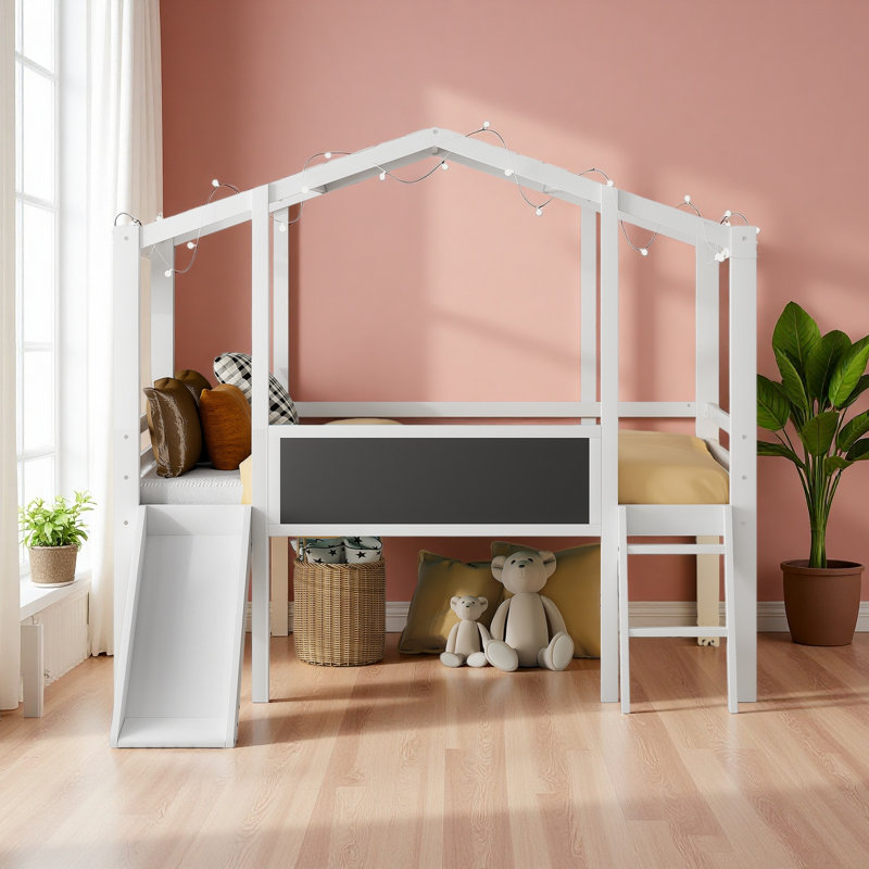 Twin Size Loft Bed With Ladder And Slide, House Bed With Blackboard And Light Strip On The Roof, White
