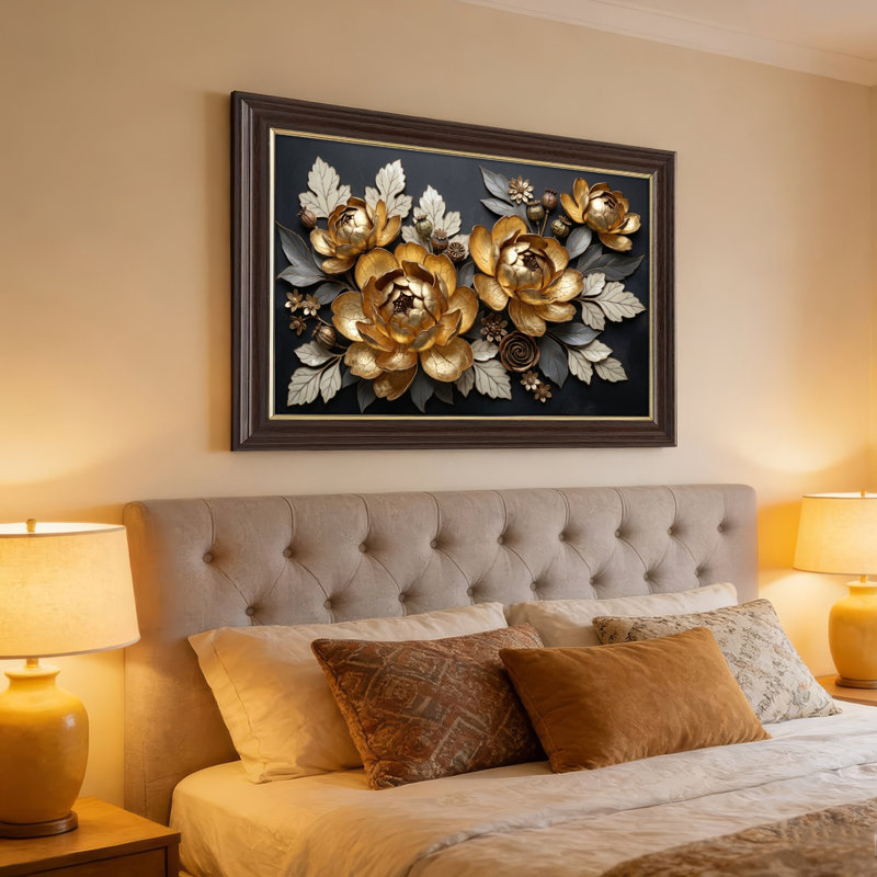Art mural antique sur toile encadré doré pour le salon, la chambre à coucher, le bureau ou le vestibule - décoration murale décorative avec motif floral doré
