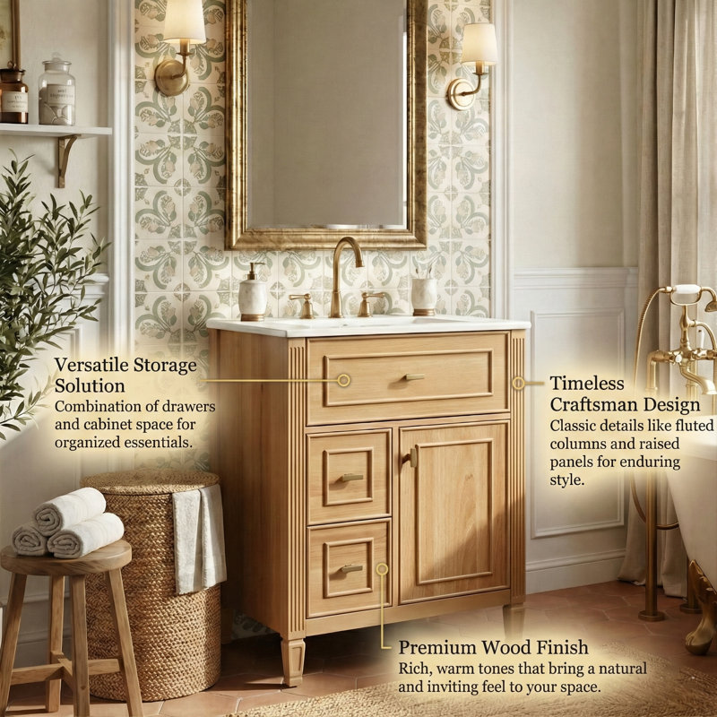 24" Smart Storage Bathroom Vanity With Ceramic Sink, Solid Wood Cabinet With Flip-Out Drawer & 2 Side Drawers (Wood), Wood
