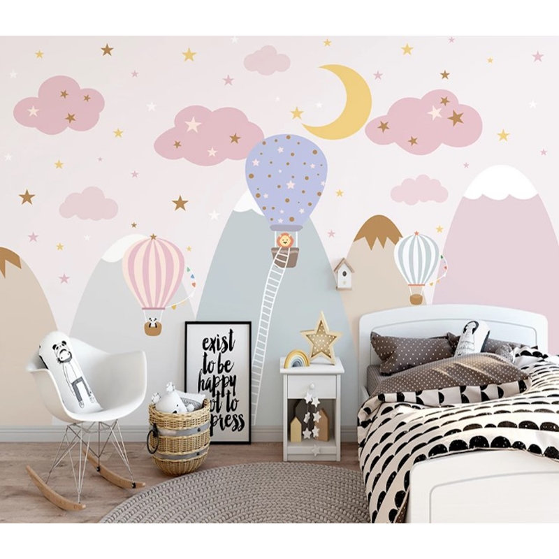 Papier peint amovible avec étoiles, nuages roses, montgolfières, croissant de lune, montagnes colorées enneigées