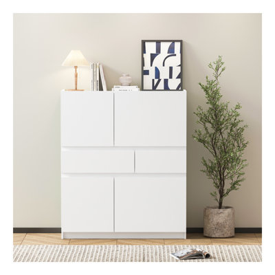 Armoire de rangement en bois blanc avec 4 portes et 2 tiroirs